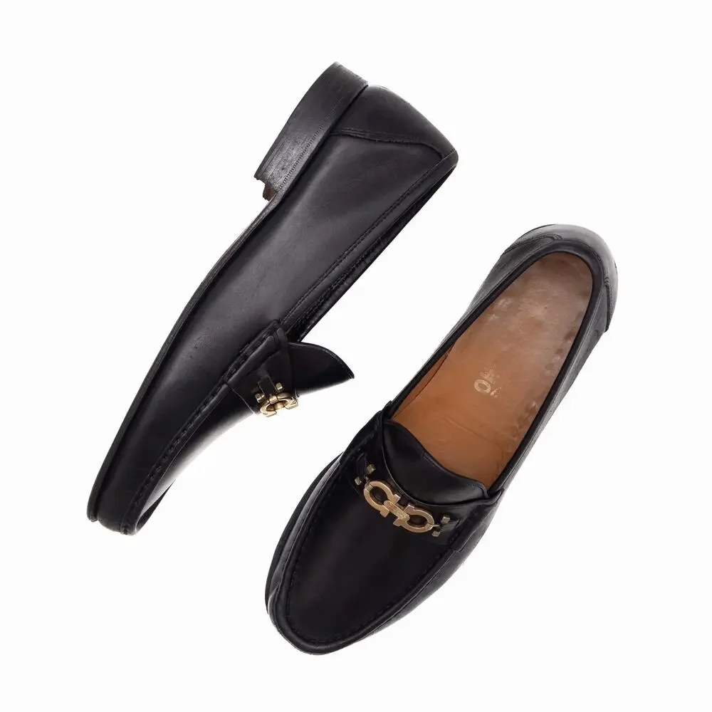 950$ SALVATORE FERRAGAMO Black Leather Gold Gancini Bit Loafers US 10.5 D